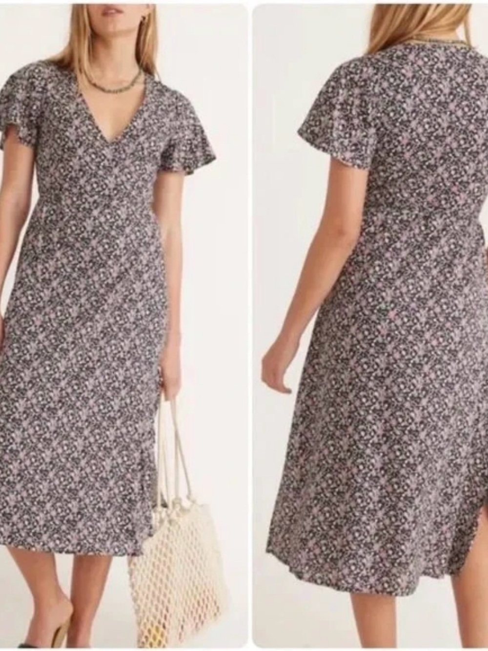 Marine Layer Emlyn Black Purple Floral Midi Wrap Dress Size Large Boho - Picture 2 of 16